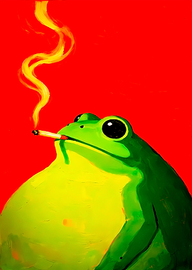 Frog Smoking on Red Background