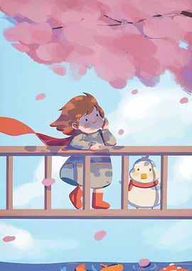 Girl and Duck Under Cherry Blossoms