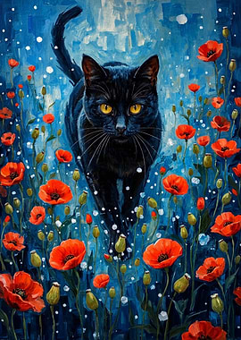 Black Cat in Poppy Field