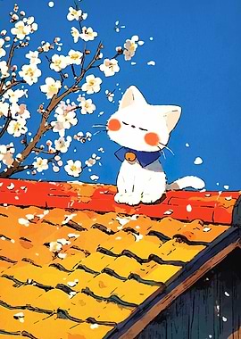 Cute Cat Under Cherry Blossoms