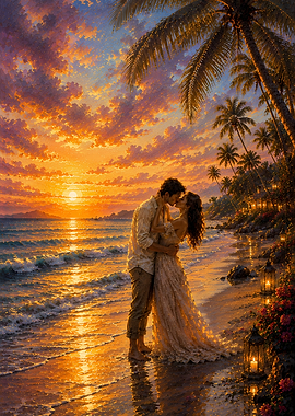 Romantic Couple Kissing at Sunset Beach