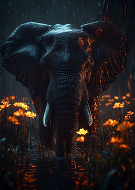 Elephant in a field of flowers