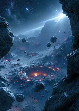 Alien Crater Landscape with Floating Rocks