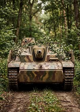 Camouflaged Tank in Forest