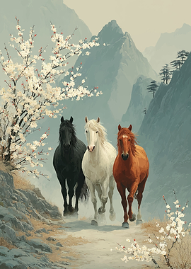 Three Horses Running in Mountains