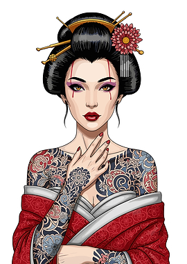 Tattooed Geisha with Red Kimono