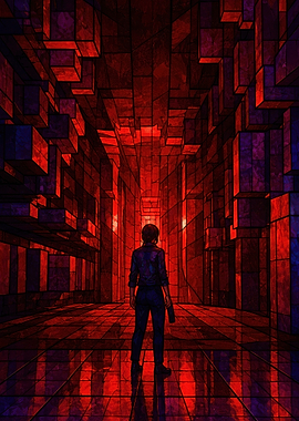 Woman in Red Geometric Hallway