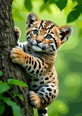 Cute Leopard Cub Climbing Tree