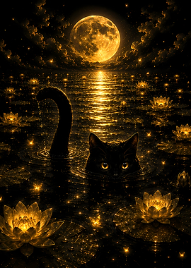 Mystical Black Cat in Moonlit Water