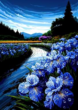 Blue Irises by a Stream