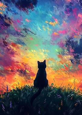 Black Cat Watching Colorful Sunset