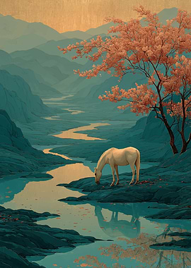 White horse by a serene river