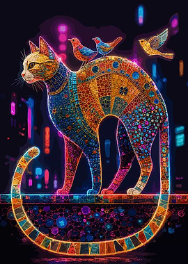 Mosaic Cat with Birds
