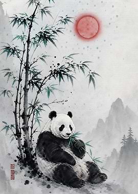 Panda Eating Bamboo Under Red Sun