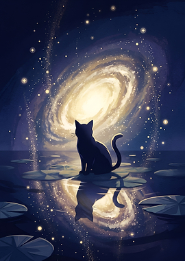 Black Cat Contemplating the Cosmic Galaxy