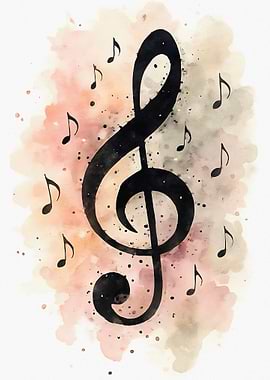 Watercolor Treble Clef and Music Notes