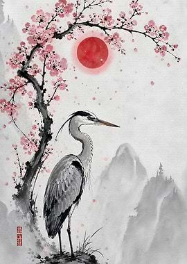 Heron Under Cherry Blossoms