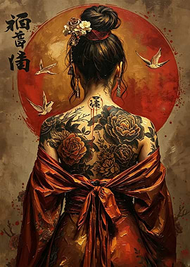 Tattooed Woman in Red Kimono