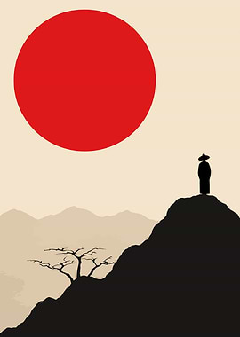 Monk on Mountain with Red Sun