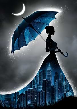 Woman with Cityscape Dress Under Starry Umbrella
