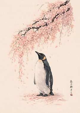 Penguin Under Cherry Blossoms