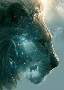 Lion and Cub in Magical Forest
