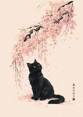 Black Cat Under Cherry Blossoms