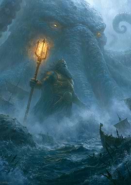 Mythological Sea God and Kraken