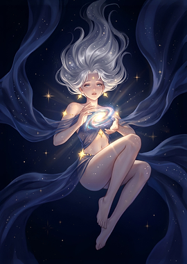 Celestial Goddess Holding a Spiral Galaxy