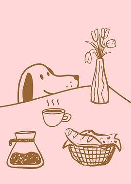 Dog looking at coffee and bread