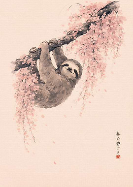 Sloth Hanging from Cherry Blossom Tree