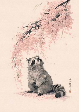 Raccoon Under Cherry Blossoms