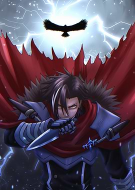 Anime warrior with red cape and lightning