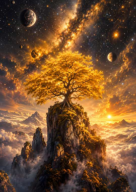 Golden Tree on Mountain Peak in Space