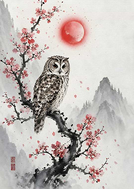 Owl on Cherry Blossom Branch