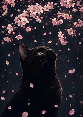 Black Cat Under Cherry Blossoms