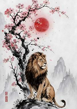 Lion Under Cherry Blossoms with Red Sun