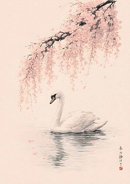 Swan and Cherry Blossoms
