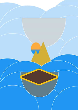 Abstract Geometric Landscape with Sun and Water