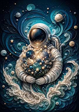 Astronaut Holding a Bouquet of Planets