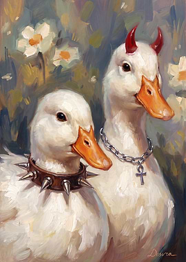 Devil Duck Couple with Flowers