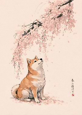 Shiba Inu Under Cherry Blossoms