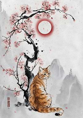 Cat Under Cherry Blossoms