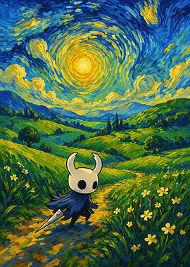 Hollow Knight in Starry Night Landscape