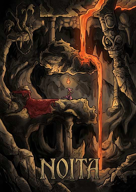 Noita Game Art with Wizard and Lava