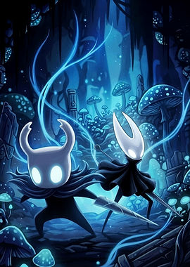 Hollow Knight and Hornet in a Blue Forest