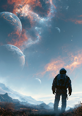 Astronaut on Alien Planet Looking at Space