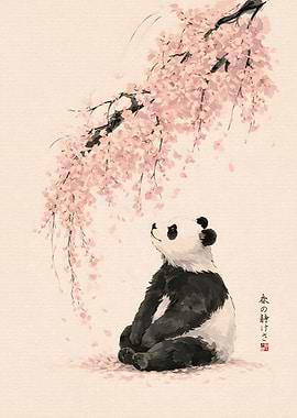 Panda Under Cherry Blossoms