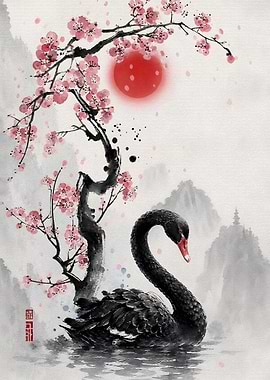 Black Swan Under Cherry Blossoms