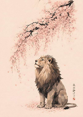 Lion Under Cherry Blossoms